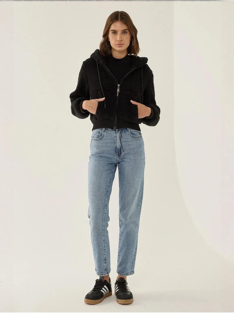 Veste courte en peluche avec col zippé Noir - Kiabi
