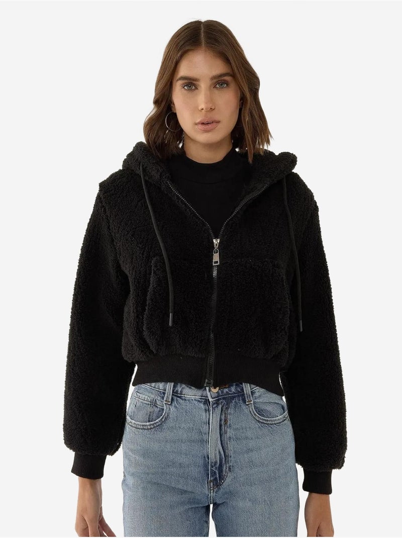 Veste courte en peluche avec col zippé Noir - Kiabi