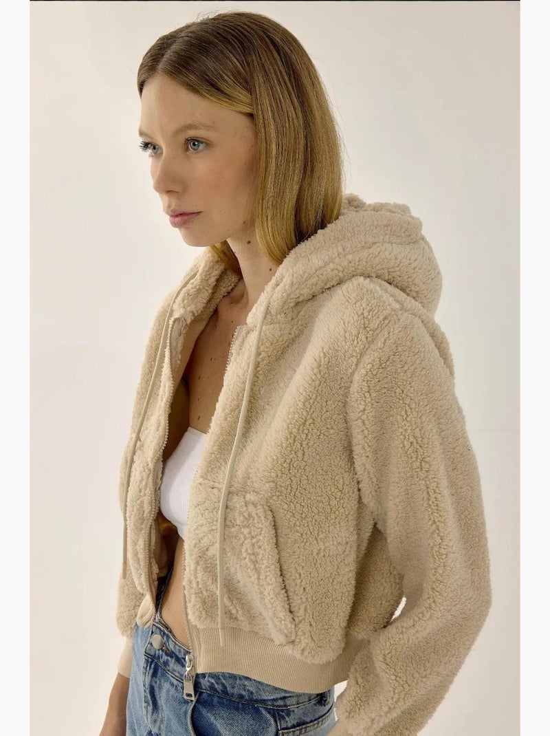 Veste courte en peluche col zippé hiccup Beige naturel - Kiabi