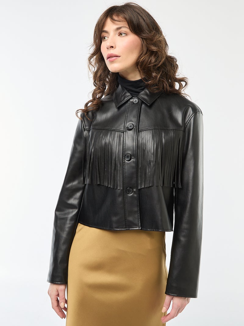 Veste courte en simili à franges Noir - Kiabi