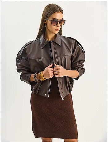 Veste courte oversize en similicuir avec fermeture éclair lucci