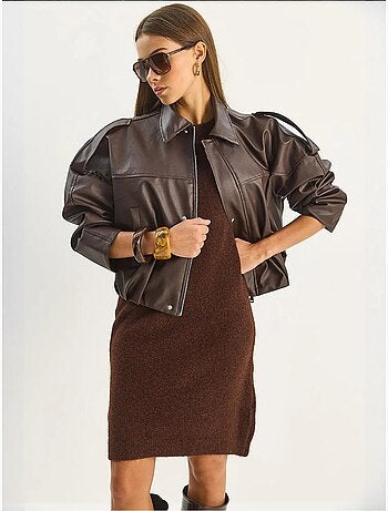 Veste courte oversize en similicuir avec fermeture éclair lucci