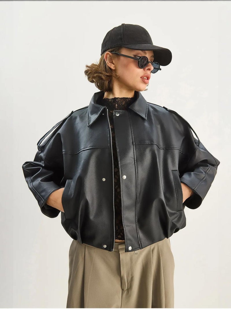 Veste courte oversize en similicuir avec fermeture éclair lucci Noir - Kiabi