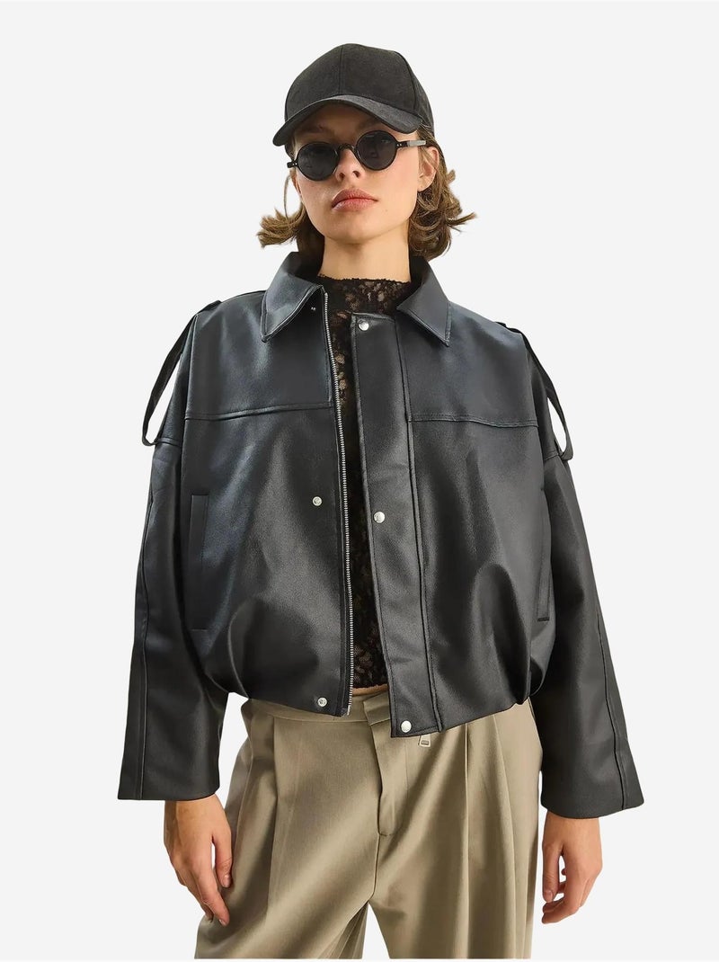 Veste courte oversize en similicuir avec fermeture éclair lucci Noir - Kiabi