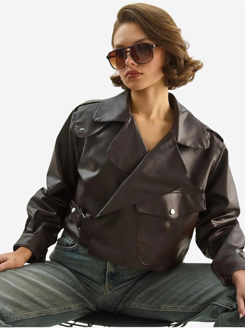 Veste courte oversize en similicuir lucci Marron foncé - Kiabi