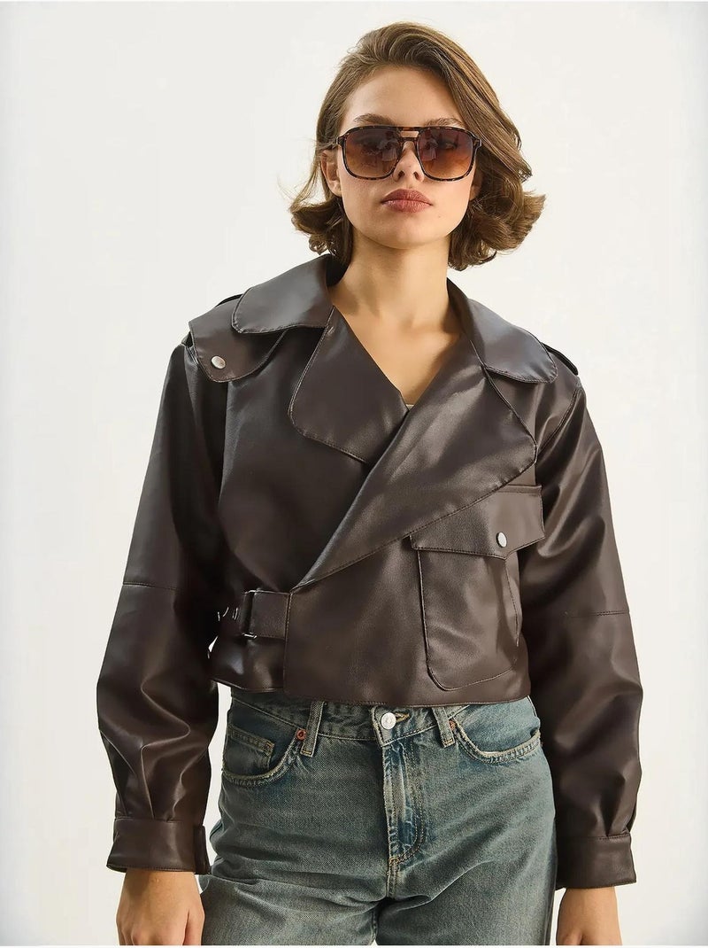 Veste courte oversize en similicuir lucci Marron foncé - Kiabi