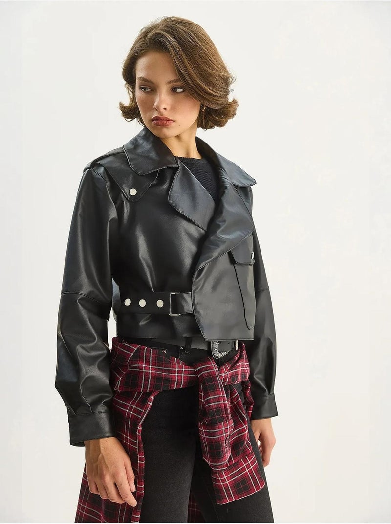 Veste courte oversize en similicuir lucci Noir - Kiabi