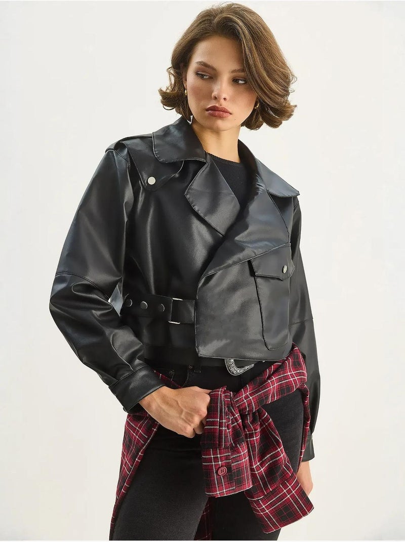 Veste courte oversize en similicuir lucci Noir - Kiabi