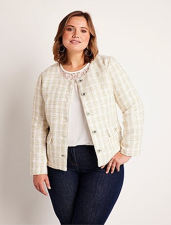 Veste courte sans col tissu effet tweed