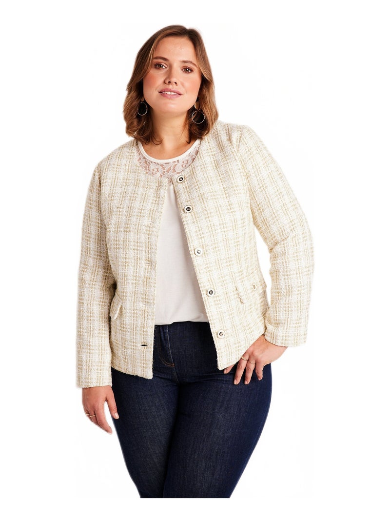 Veste courte sans col tissu effet tweed Beige - Kiabi