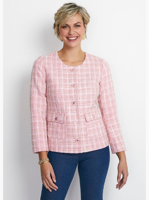 Veste courte sans col tissu effet tweed - Kiabi Veste courte sans col tissu effet tweed - Kiabi