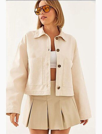 Veste courte tissée brodée à col chemise lucci