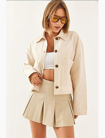 Veste courte tissée brodée à col chemise lucci