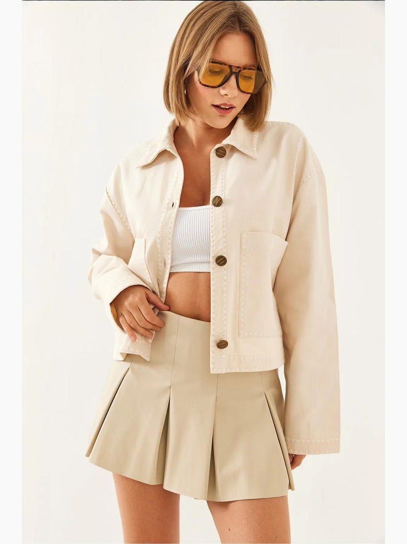 Veste courte tissée brodée à col chemise lucci Beige argile - Kiabi