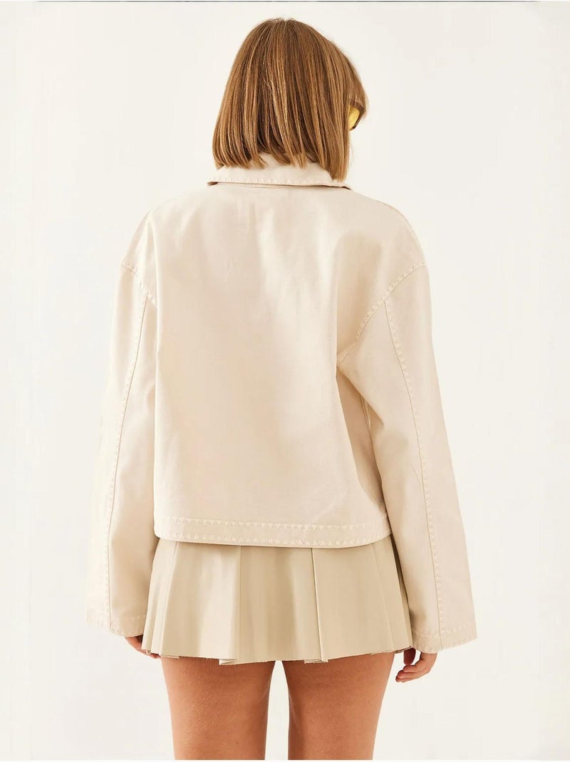 Veste courte tissée brodée à col chemise lucci Beige argile - Kiabi