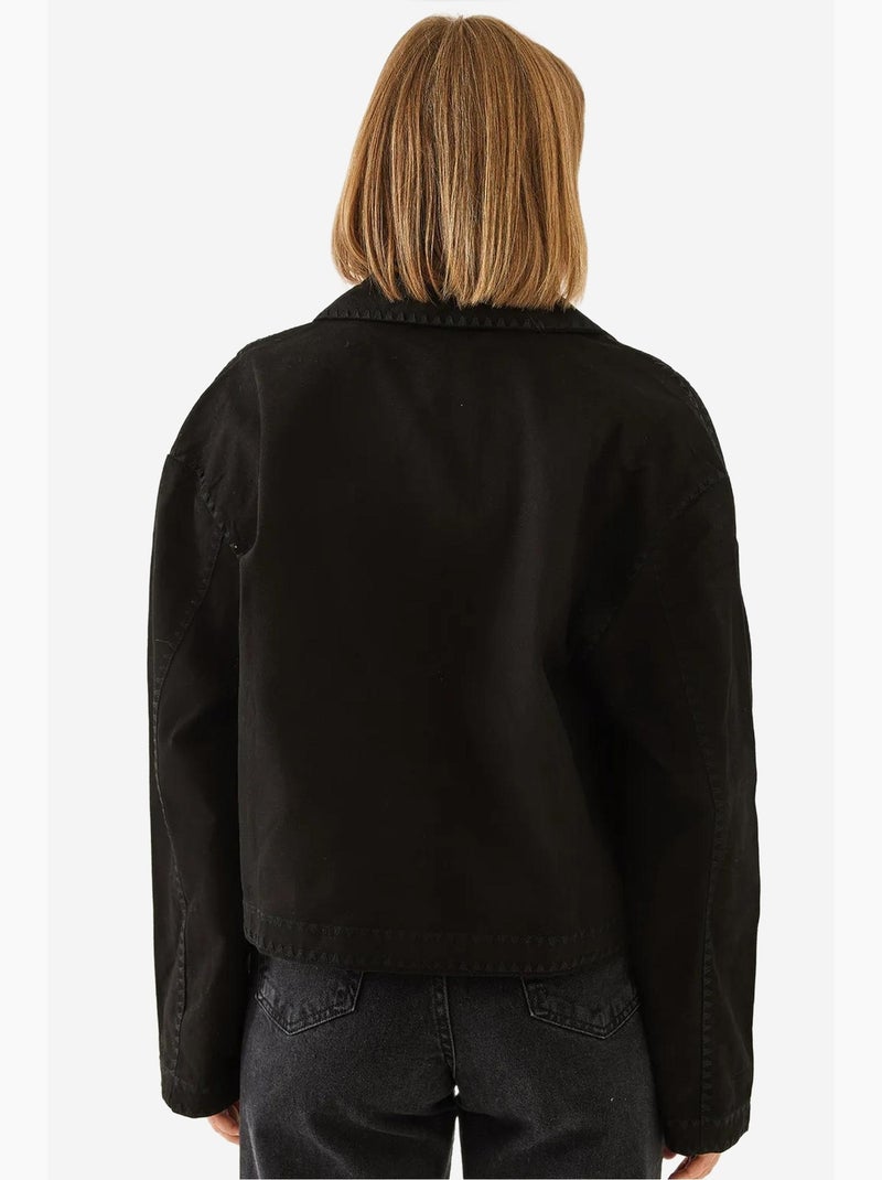 Veste courte tissée brodée à col chemise lucci Noir - Kiabi