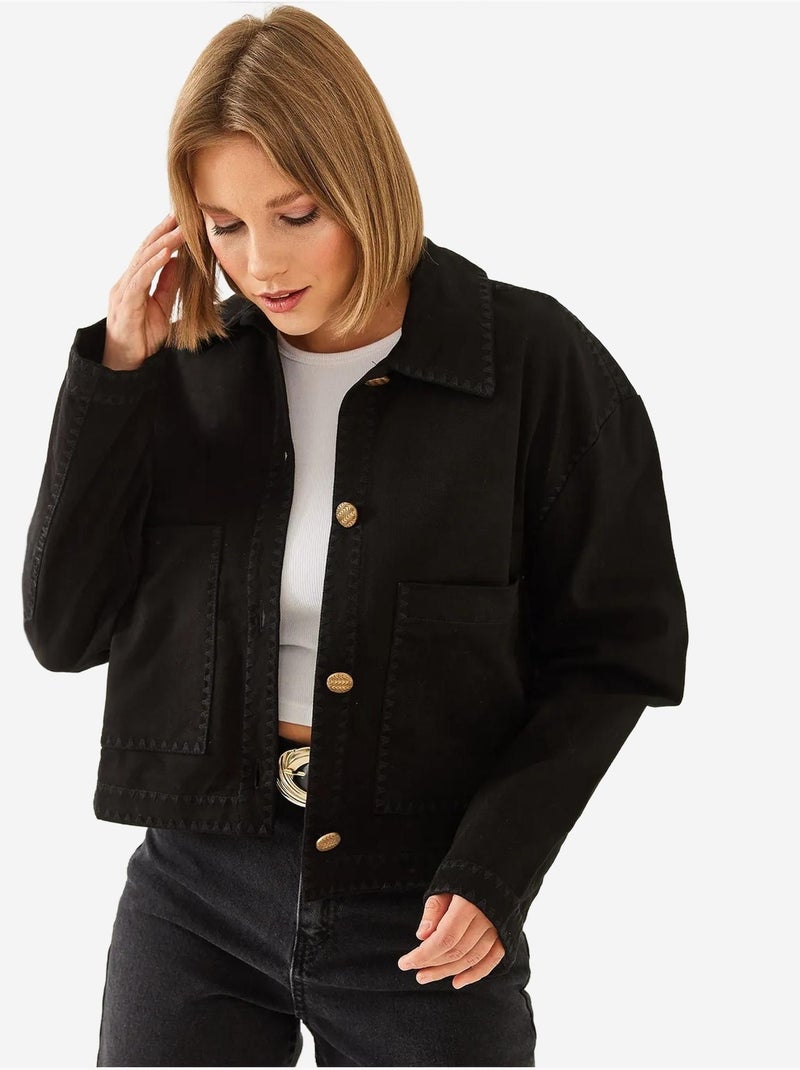 Veste courte tissée brodée à col chemise Noir - Kiabi