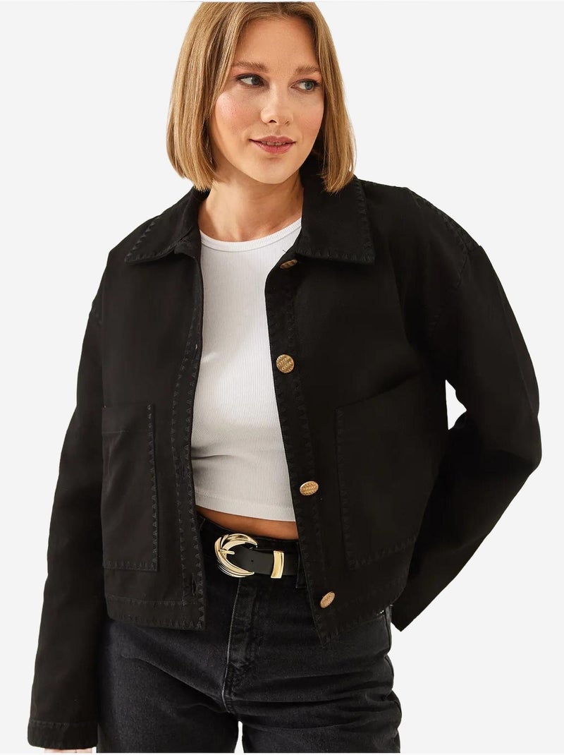 Veste courte tissée brodée à col chemise Noir - Kiabi
