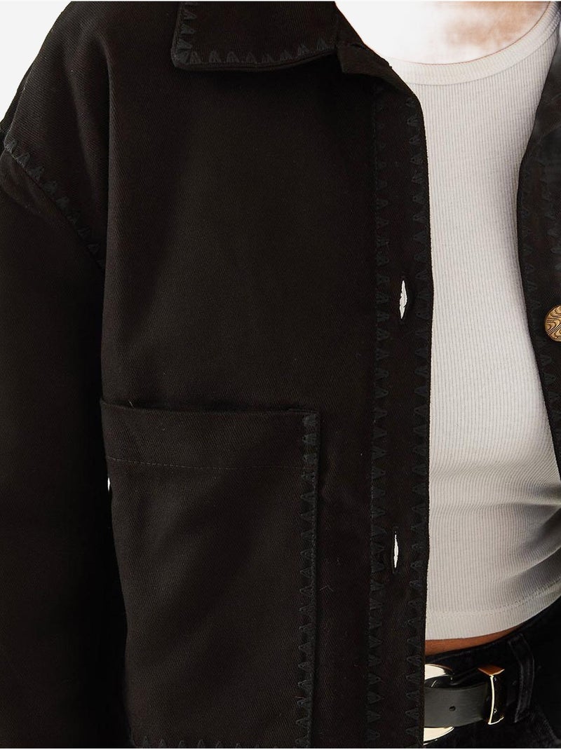 Veste courte tissée brodée à col chemise Noir - Kiabi