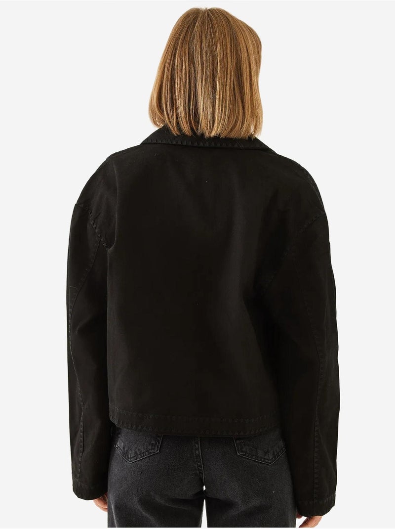 Veste courte tissée brodée à col chemise Noir - Kiabi