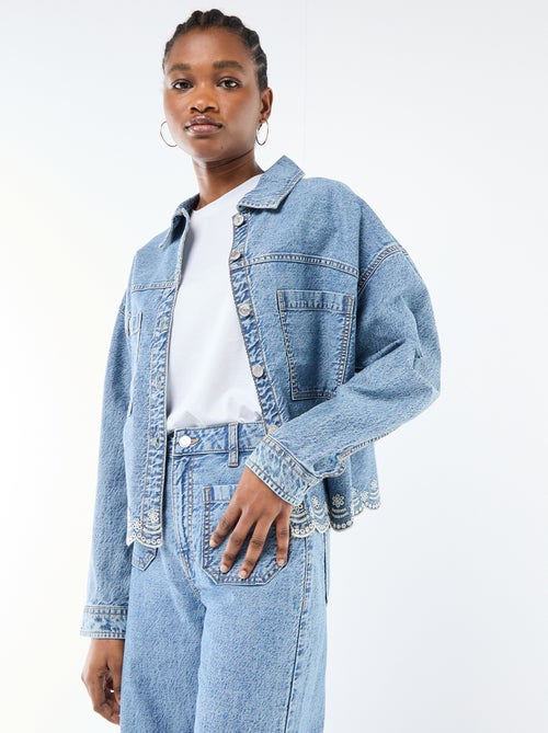 Veste denim boutonnée avec broderie en coton uni - Kiabi