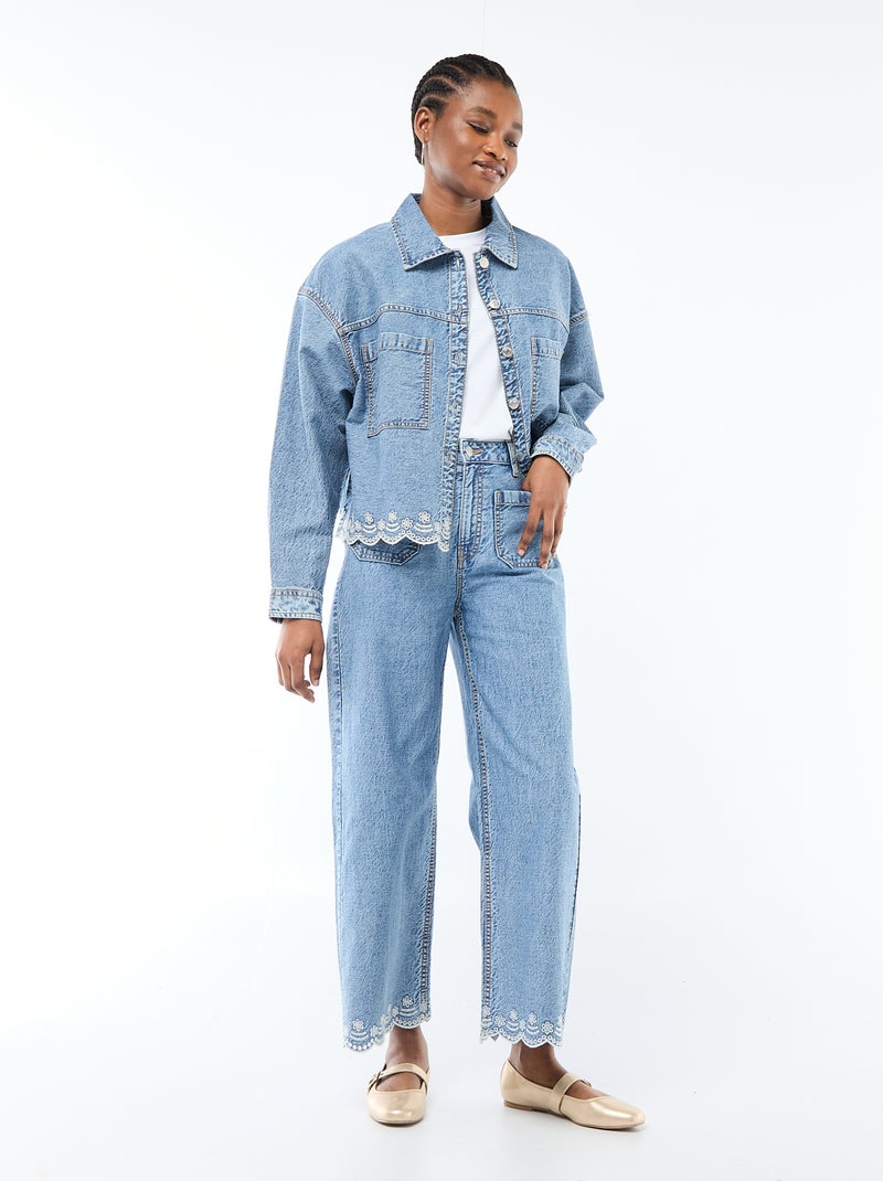 Veste denim boutonnée avec broderie en coton uni Bleu - Kiabi