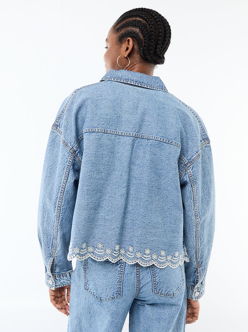 Veste denim boutonnée avec broderie en coton uni Bleu - Kiabi