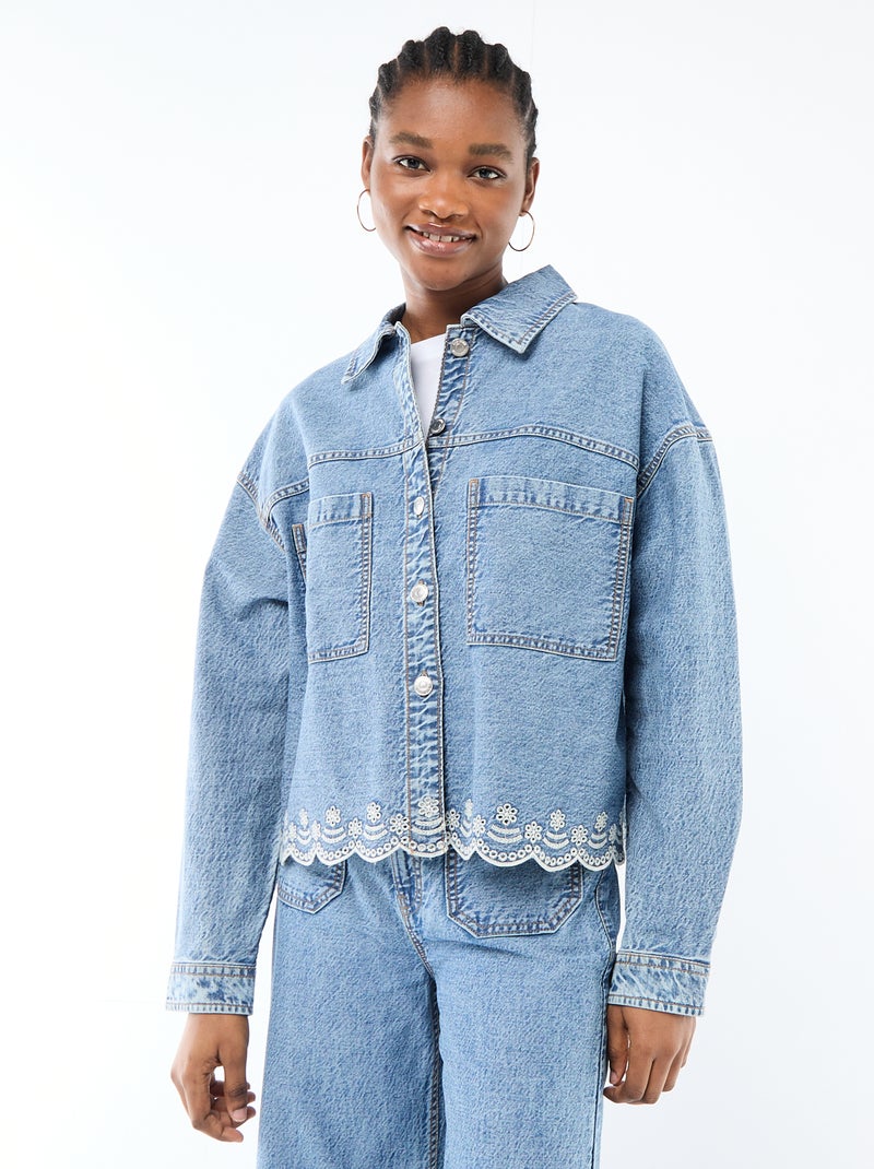 Veste denim boutonnée avec broderie en coton uni Bleu - Kiabi