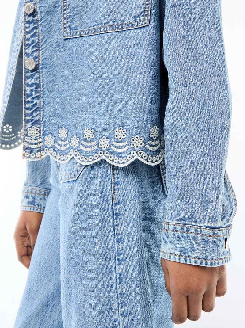 Veste denim boutonnée avec broderie en coton uni Bleu - Kiabi