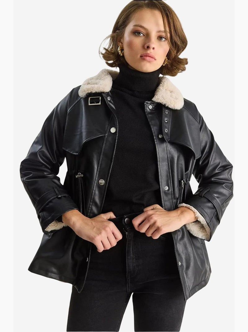 Veste effet cuir détail fausse fourrure lucci Noir - Kiabi