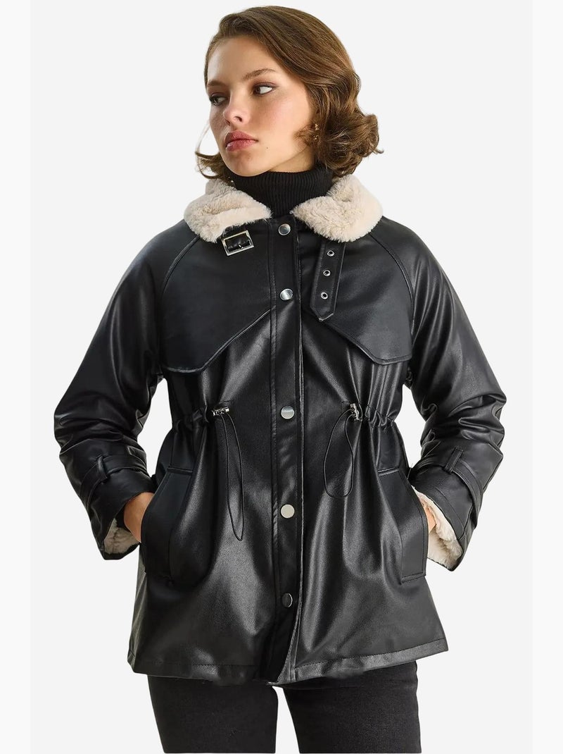 Veste effet cuir détail fausse fourrure lucci Noir - Kiabi