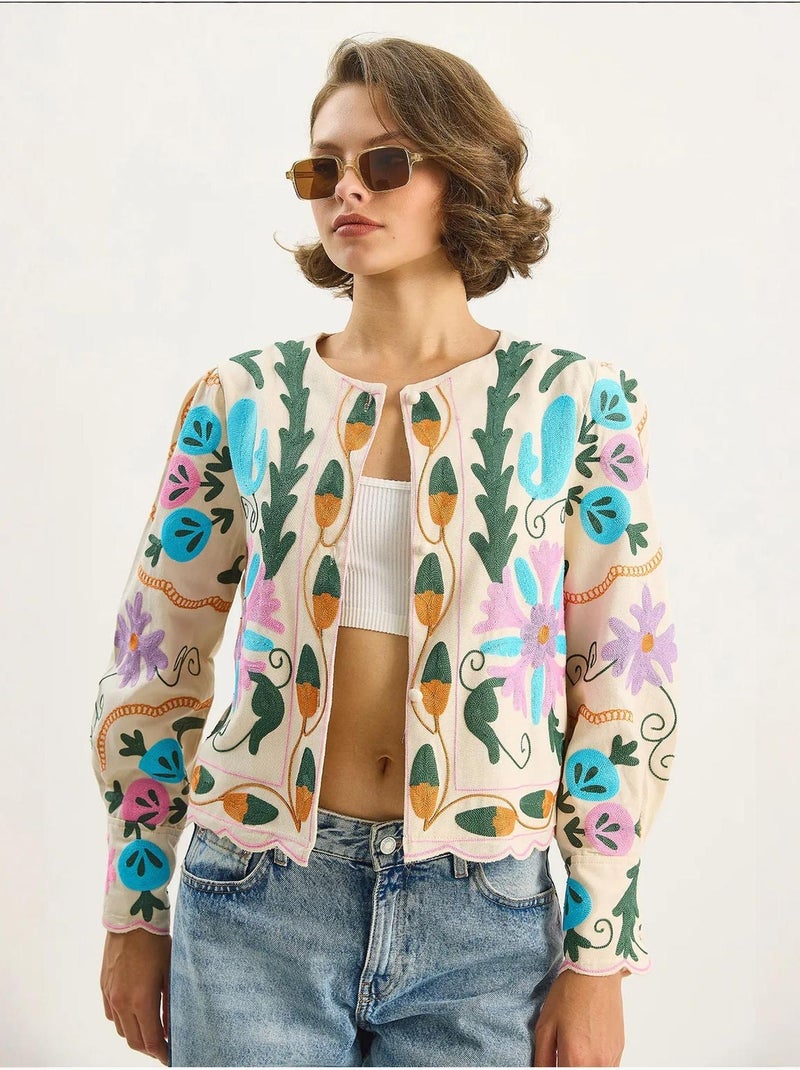Veste en coton à imprimé floral jacquard lucci Crème - Kiabi