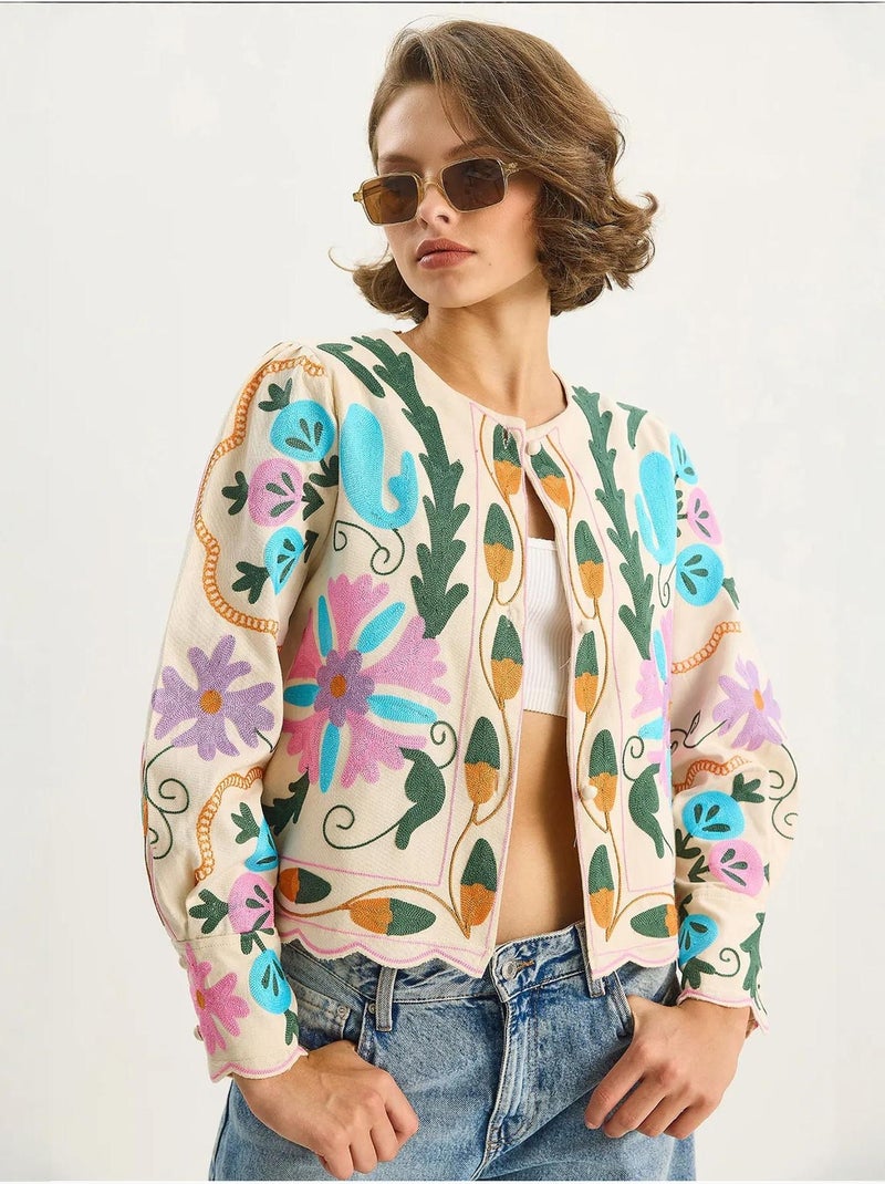 Veste en coton à imprimé floral jacquard lucci Crème - Kiabi