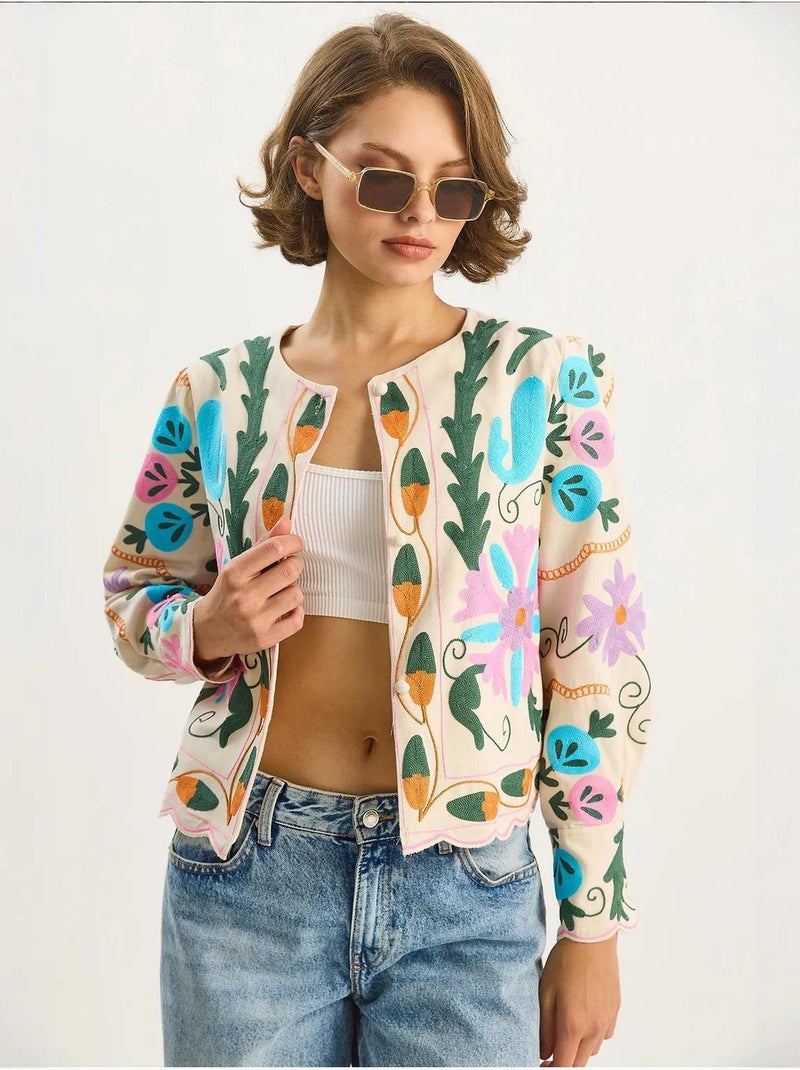 Veste en coton à imprimé floral jacquard lucci Crème - Kiabi