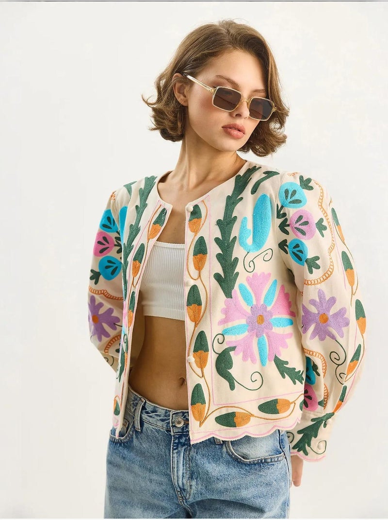 Veste en coton à imprimé floral jacquard lucci Crème - Kiabi