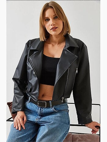 Veste en cuir à fermeture éclair asymétrique lucci