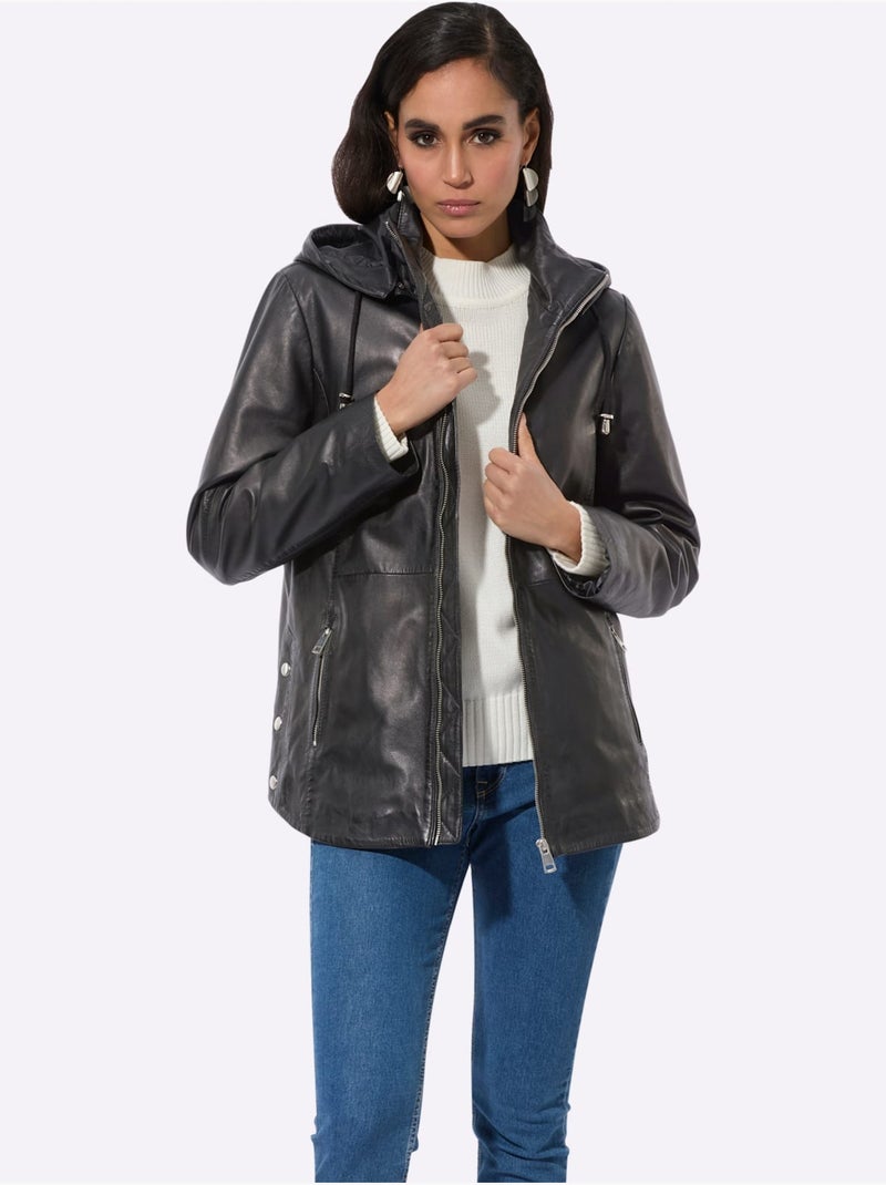 Veste En Cuir Cuir Agneau Nappa Doux - Taille Standard - Helline Noir - Kiabi