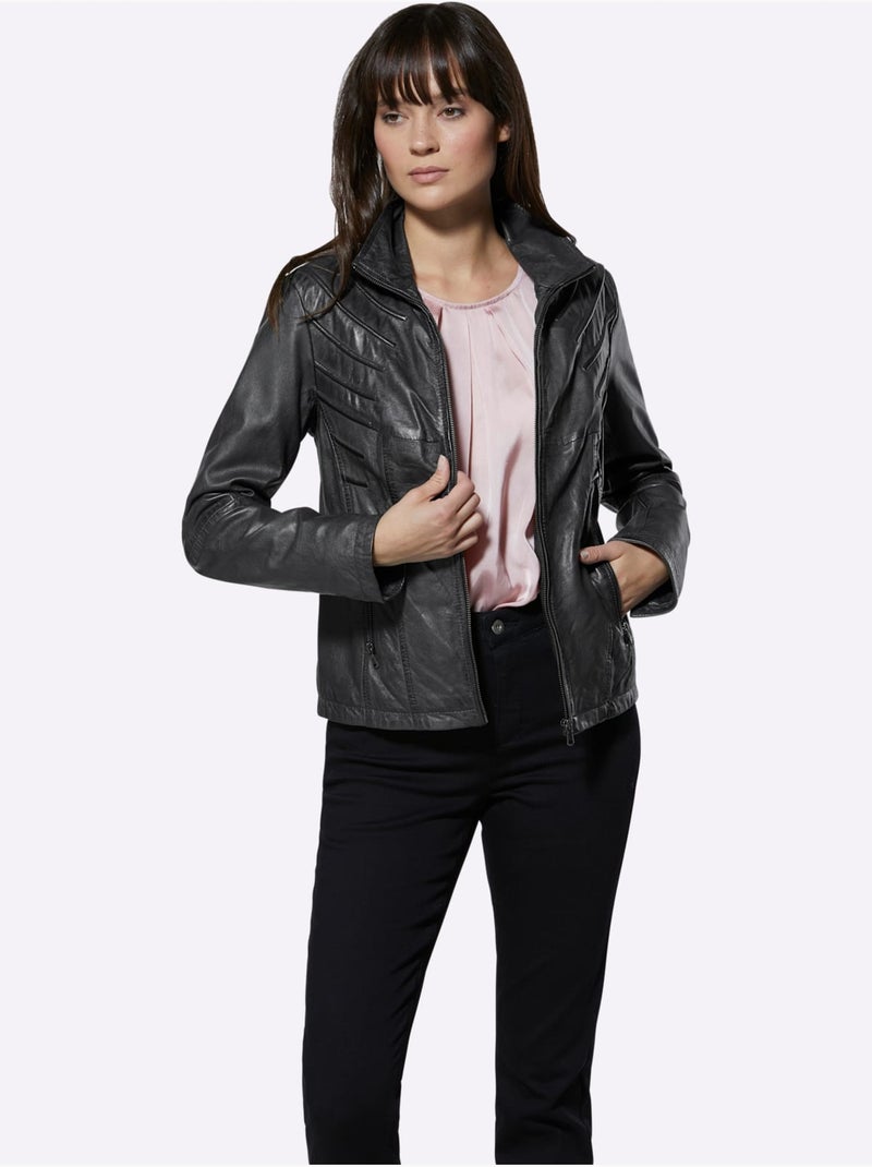 Veste En Cuir Pur Cuir D'agneau Nappa - Taille Standard - Witt gris anthracite - Kiabi