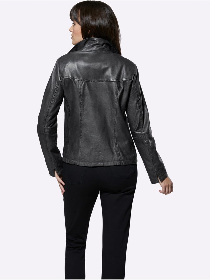 Veste En Cuir Pur Cuir D'agneau Nappa - Taille Standard - Witt gris anthracite - Kiabi