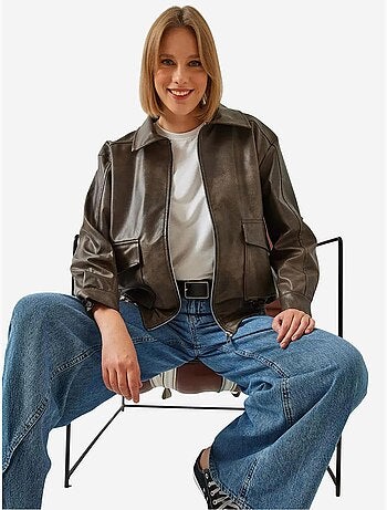 Veste en cuir vieilli à col chemise bianco lucci
