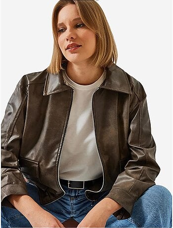 Veste en cuir vieilli à col chemise bianco lucci