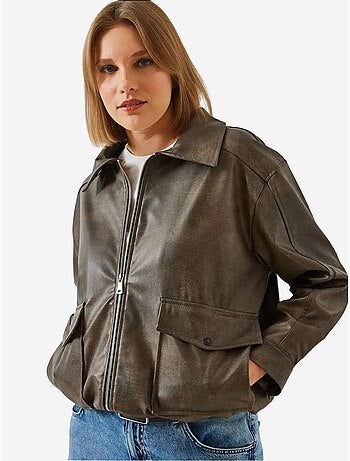 Veste en cuir vieilli à col chemise bianco lucci