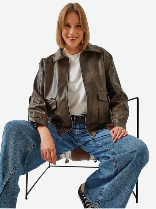 Veste en cuir vieilli à col chemise bianco lucci - Kiabi