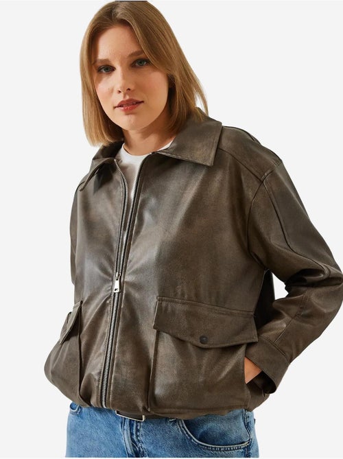 Veste en cuir vieilli à col chemise bianco lucci - Kiabi