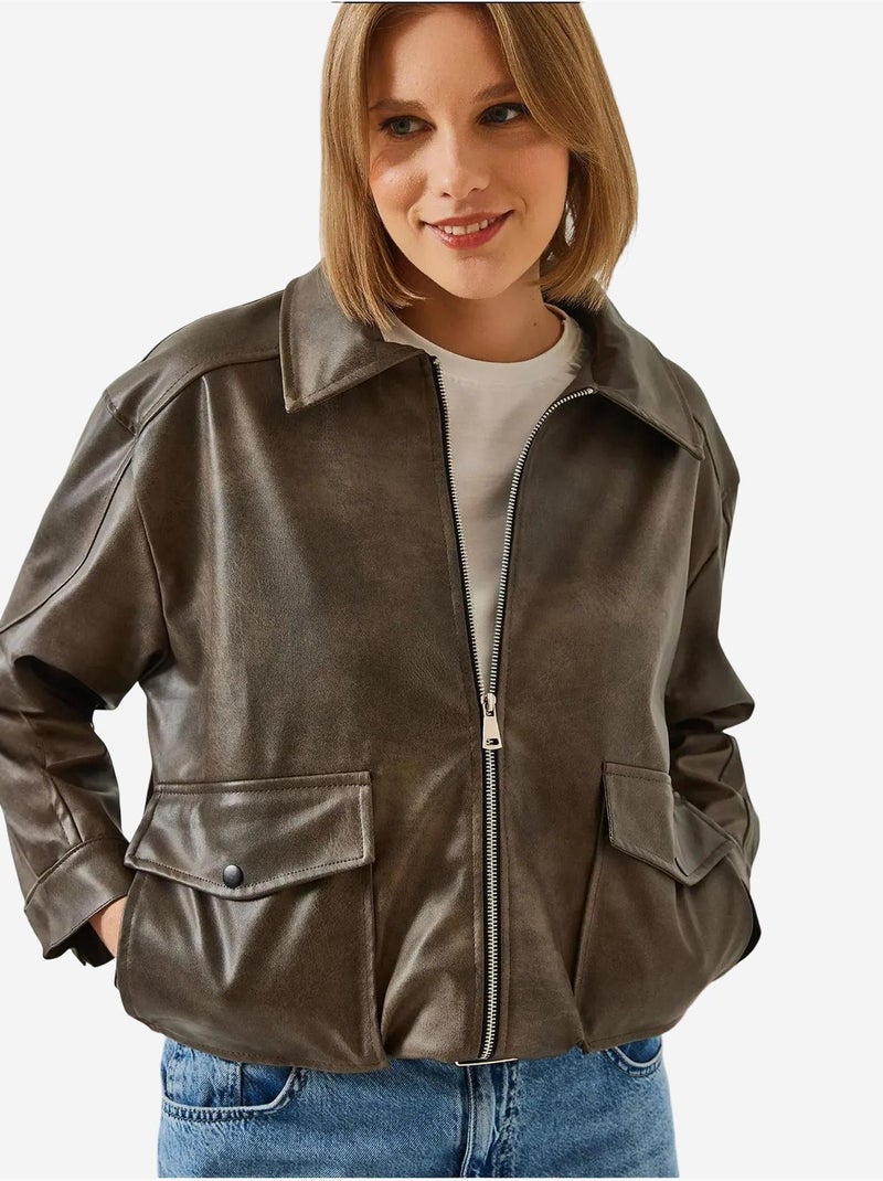 Veste en cuir vieilli à col chemise bianco lucci Marron clair - Kiabi