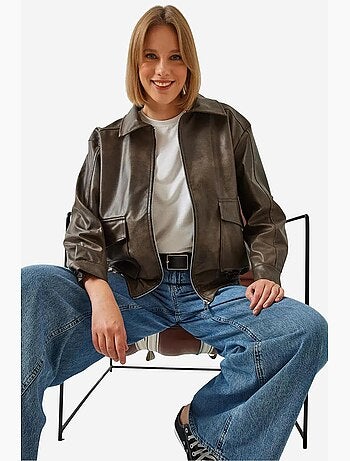 Veste en cuir vieilli à col chemise lucci