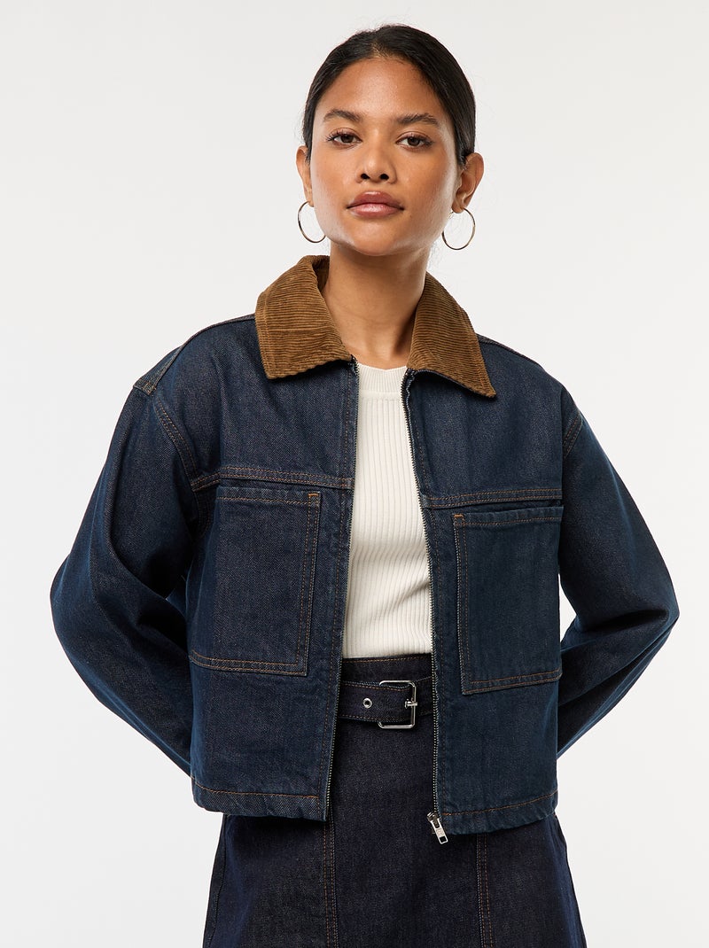 Veste en denim avec col en matière côtelée Bleu - Kiabi