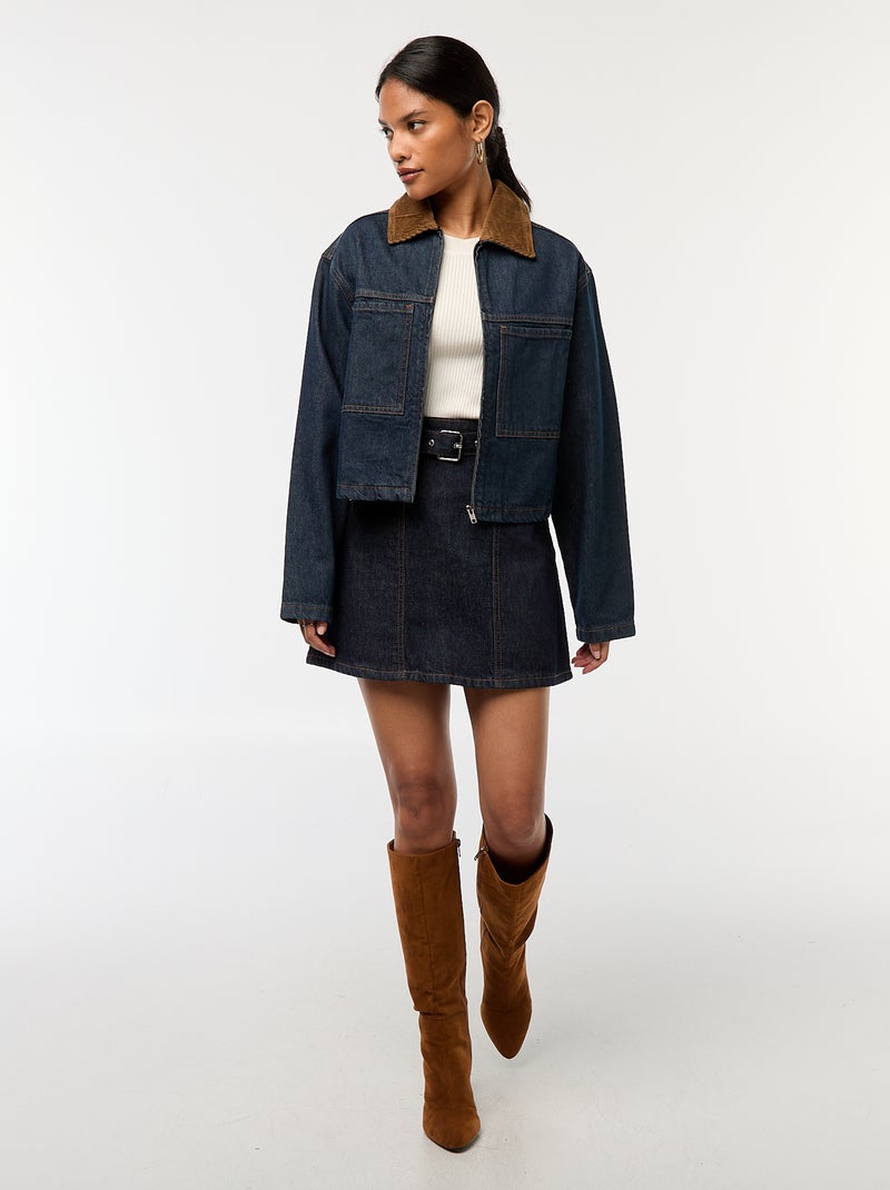 Veste en denim avec col en matière côtelée Bleu - Kiabi