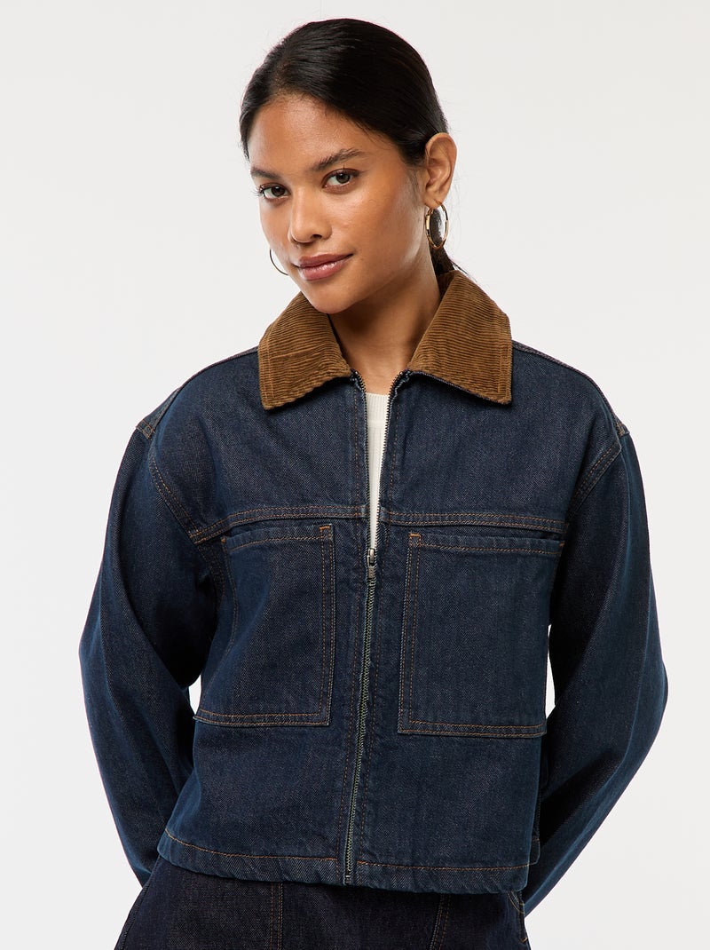 Veste en denim avec col en matière côtelée Bleu - Kiabi