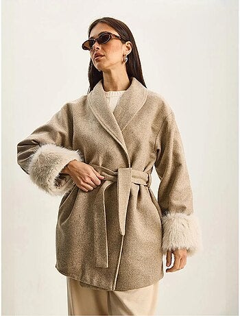 Veste en feutre oversize à col châle et poignets en fausse fourrure lucci